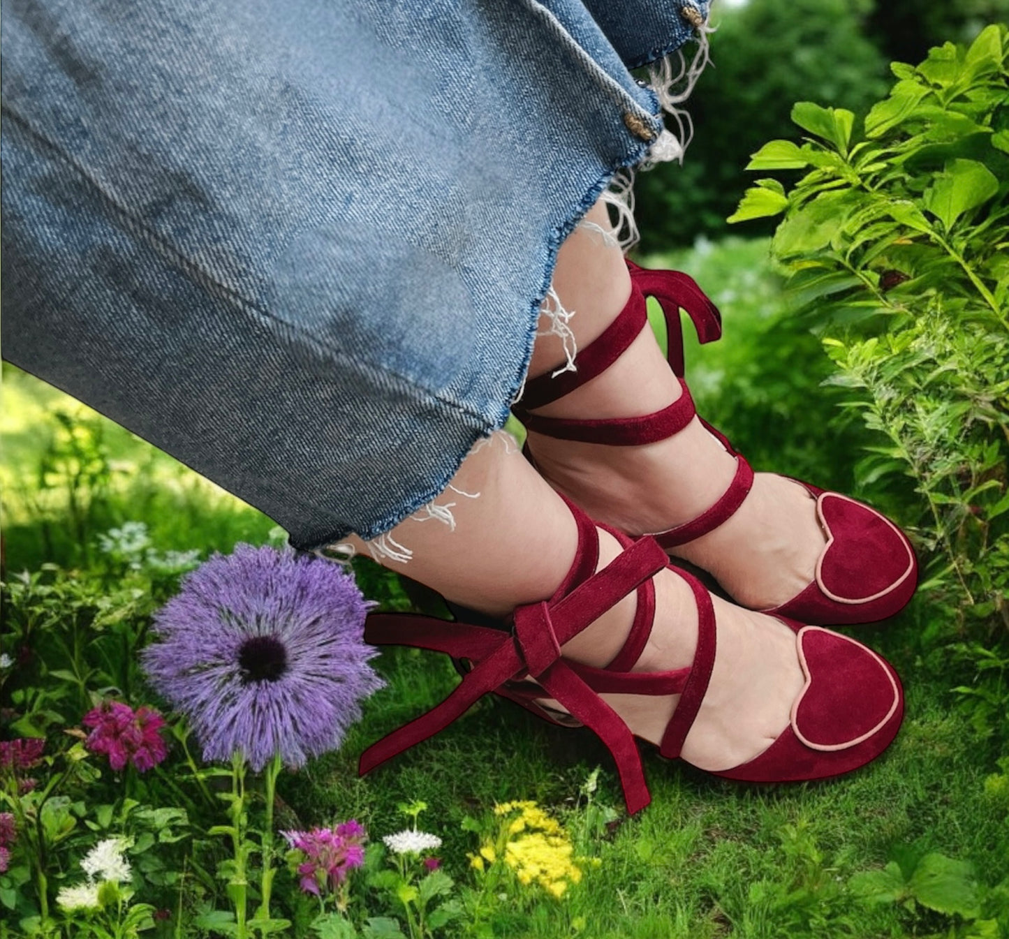 Model wearing burgundy suede ankle tie pumps - vintage-inspired women's heels