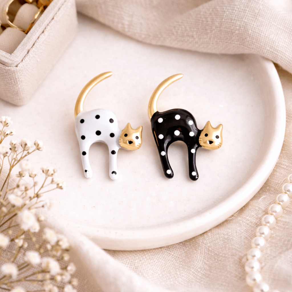 Black & White Polka Dot Enamel Cat Brooch Set  Vintage Style  Olive and  Rose