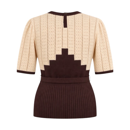 Beige and brown top with geometric pattern, Belted vintage style knitted top