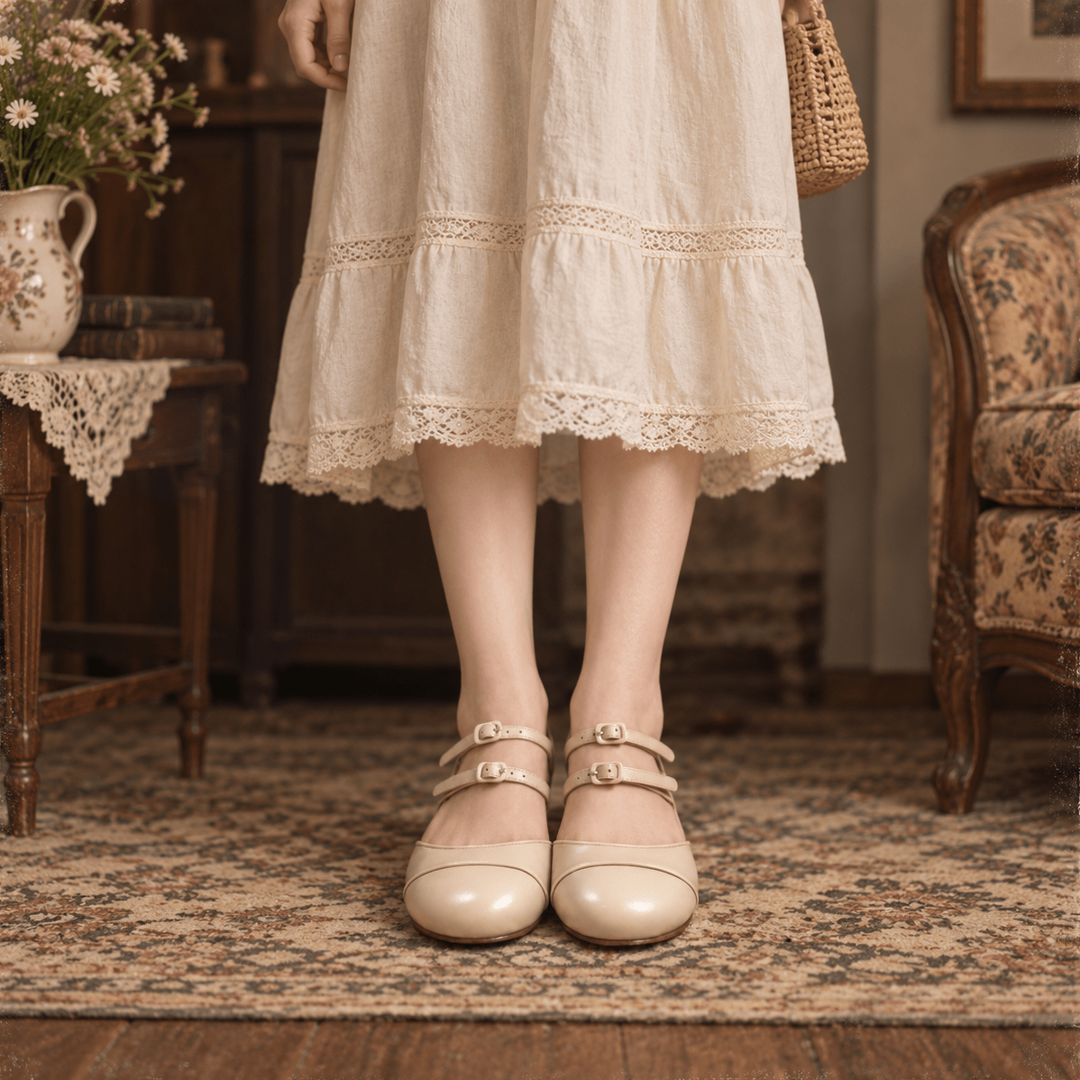Girl in beige skirt wearing beige double buckled Mary shoes in a vintage room setting