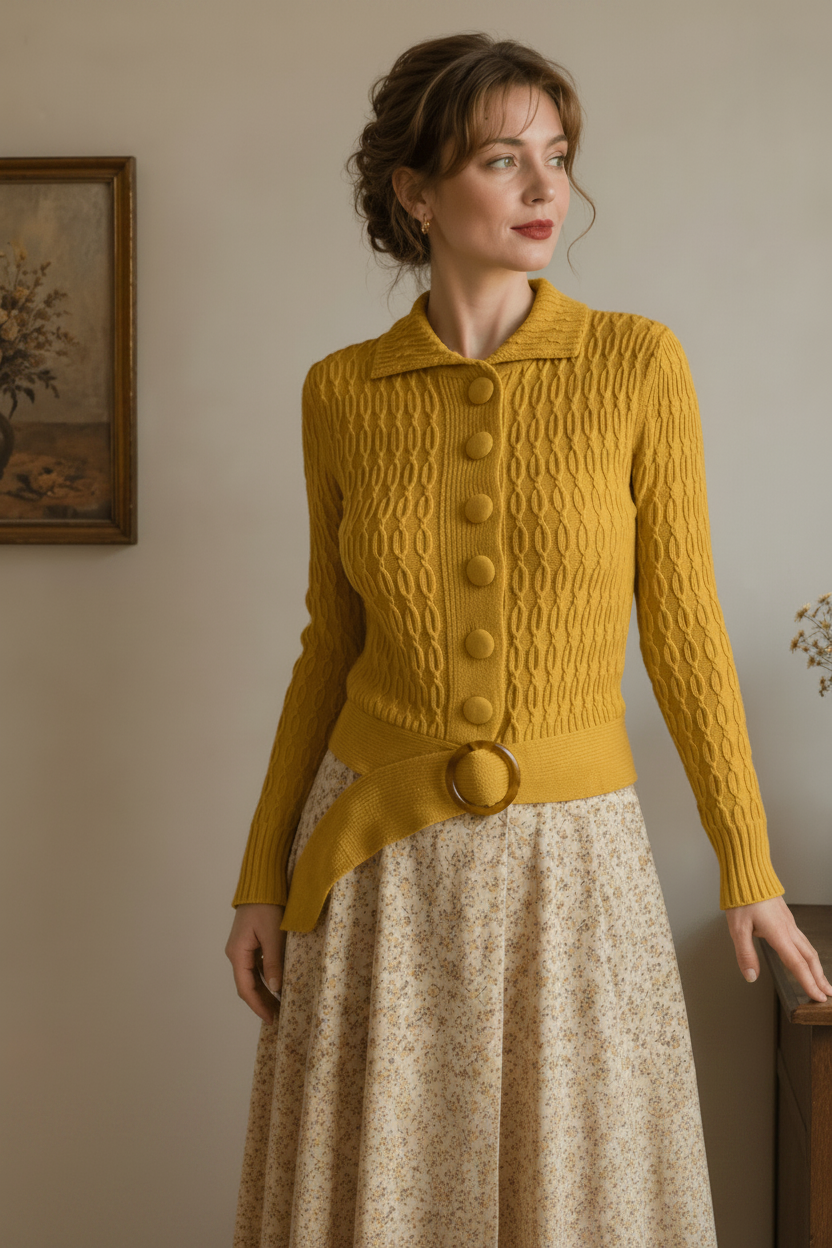 Woman wearing a belted mustard yellow knitted cardigan and beige skirt indoors.