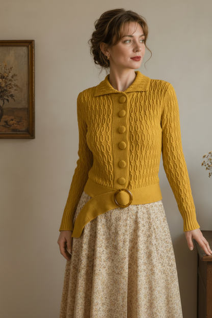 Woman wearing a belted mustard yellow knitted cardigan and beige skirt indoors.