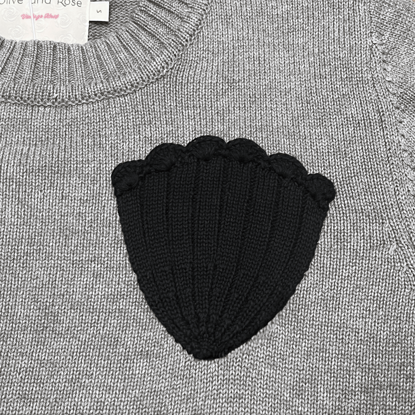Grey cotton jumper with black shell crochet appliqué detail – Olive and Rose knitwear