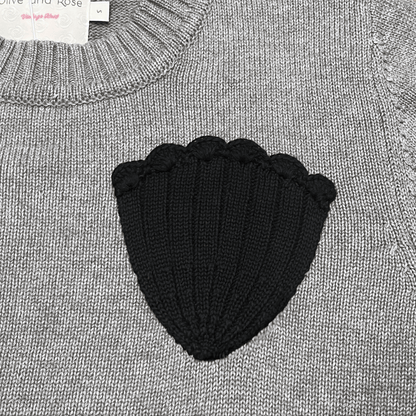 Grey cotton jumper with black shell crochet appliqué detail – Olive and Rose knitwear