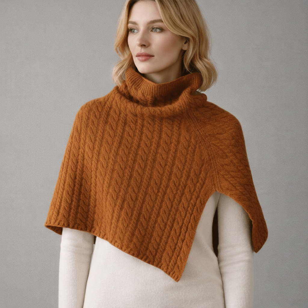 Woman wearing a brown coloured chunky cable knit poncho  