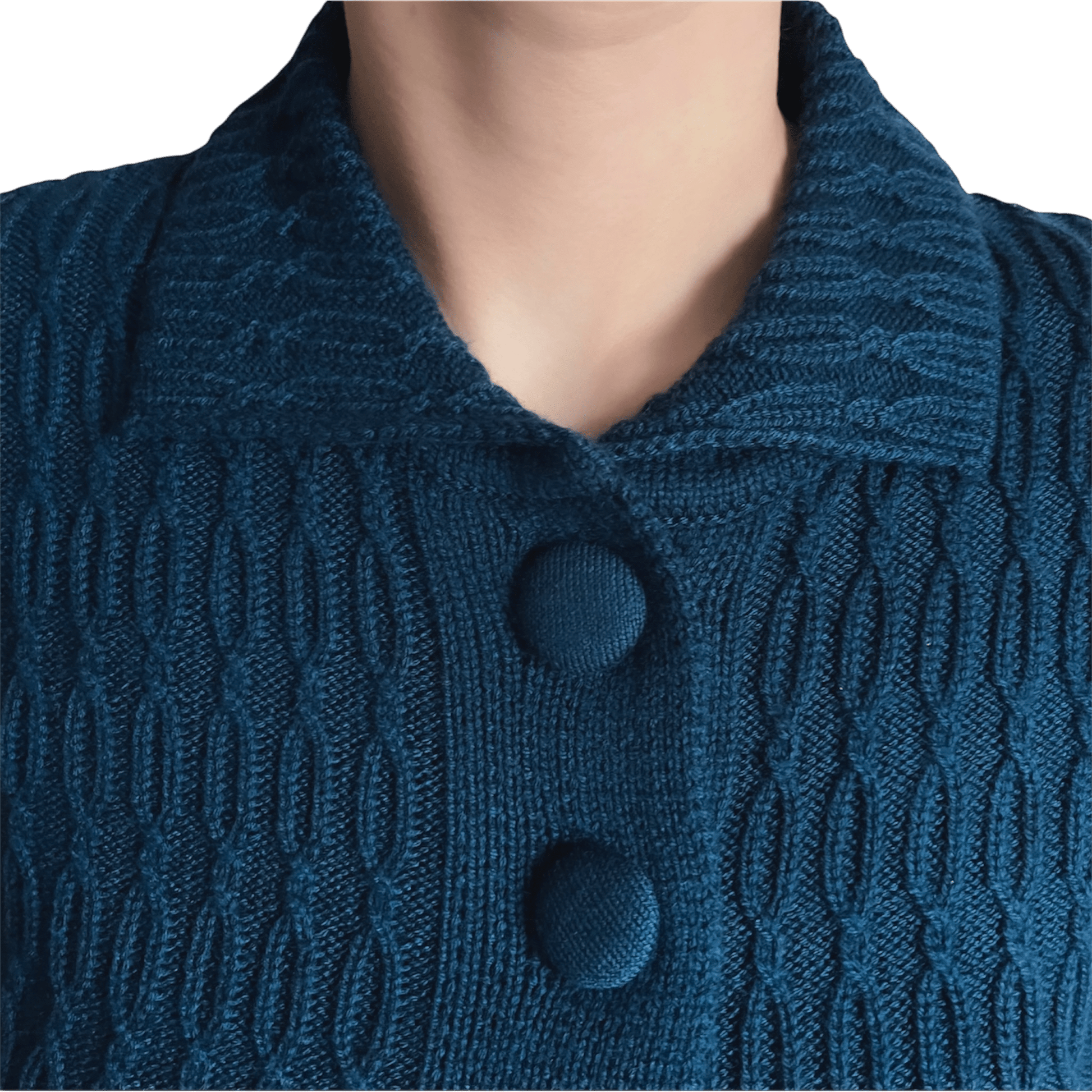 Close-up of a blue textured cardigan with buttons on a white background