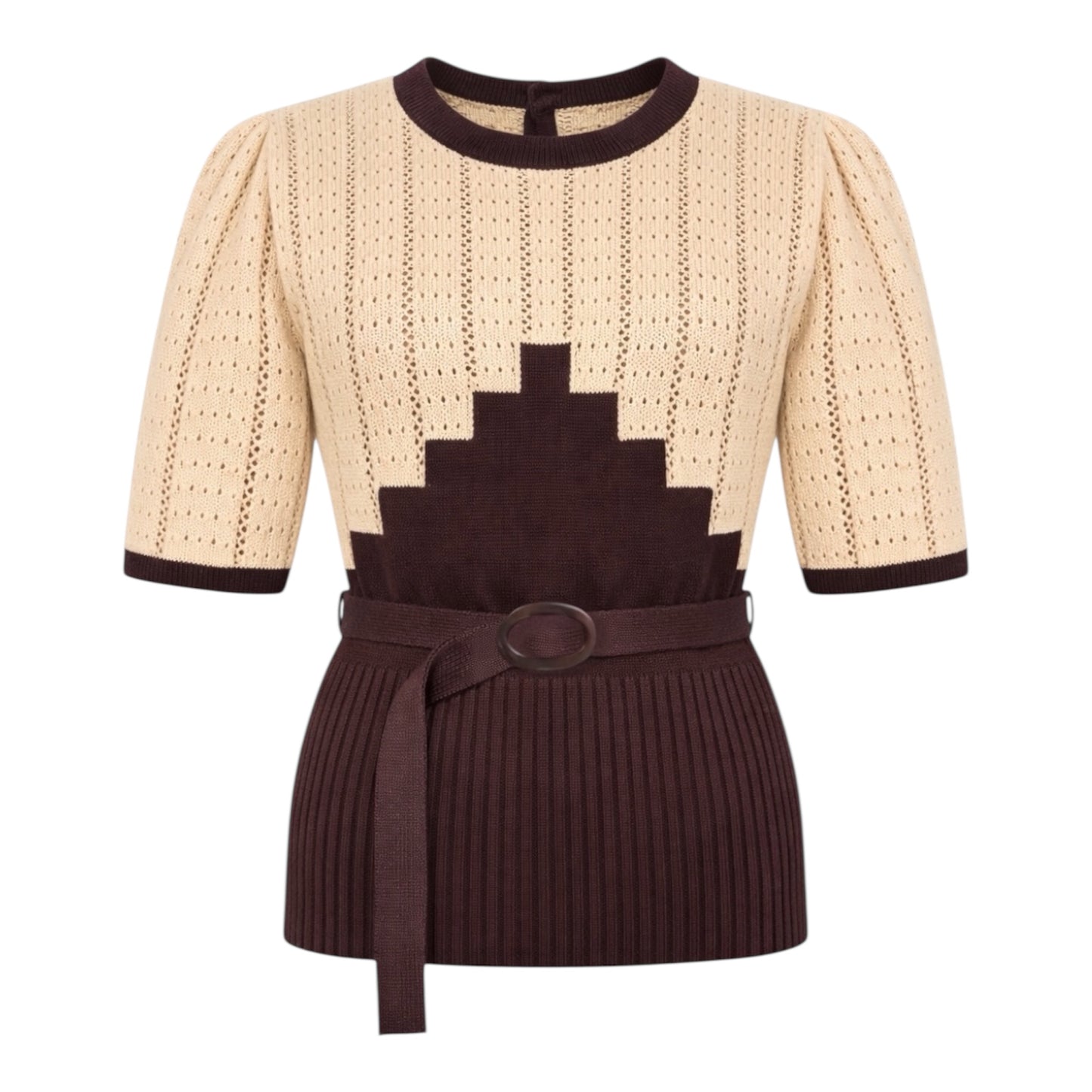 Cotton Vintage style Beige and brown geometric pattern top with a belt 