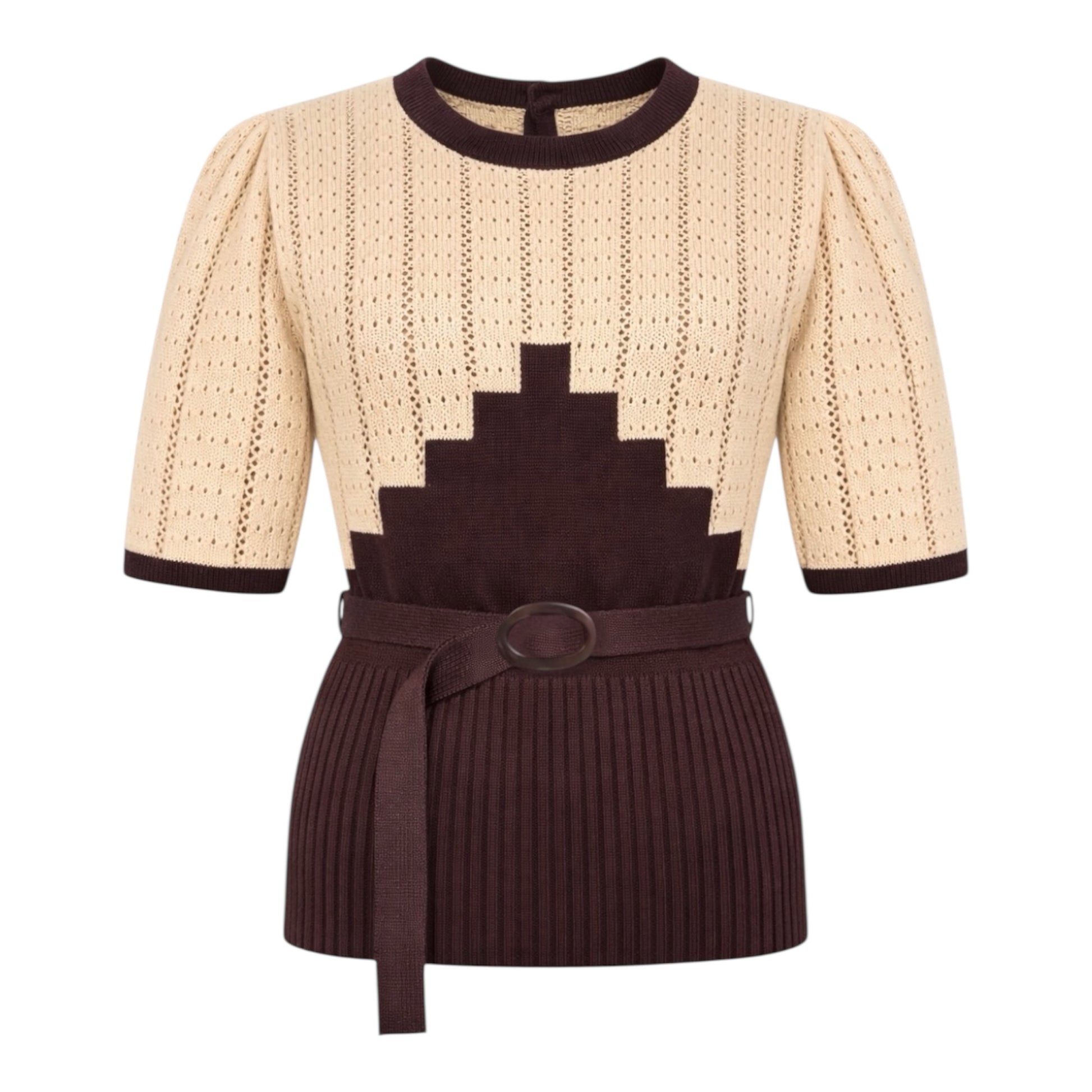 Cotton Vintage style Beige and brown geometric pattern top with a belt 