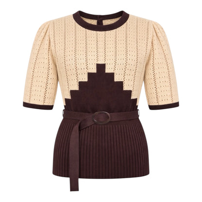 Cotton Vintage style Beige and brown geometric pattern top with a belt 