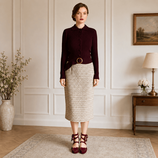 Model in dark purple vintage cardigan showing a pair of vintage style
burgundy ankle tie shoes in a vintage setting
