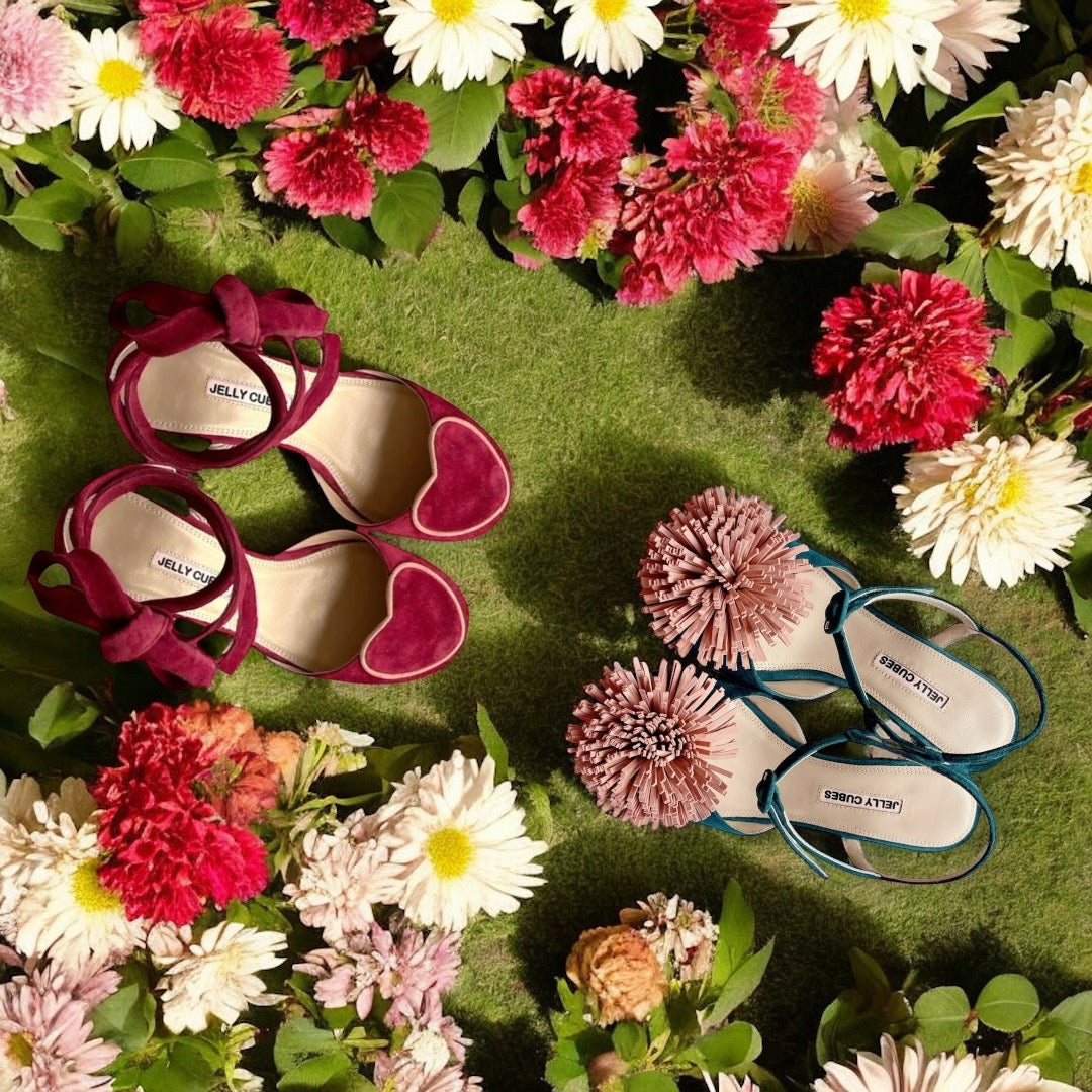 Jelly cubes shoes, red and pompom shoes in flowers 