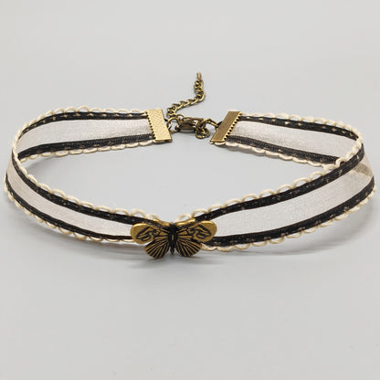 Ivory organza ribbon choker with antique bronze butterfly charm