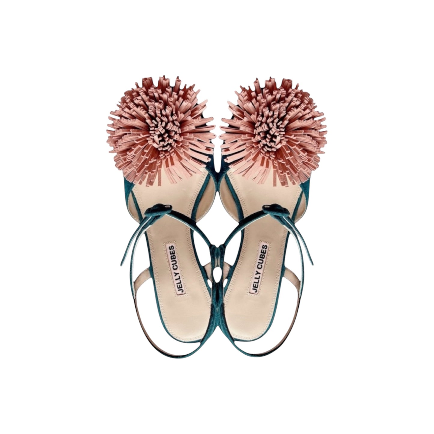 Green suede vintage sandals with pom-poms and coloured crystal Perspex heels