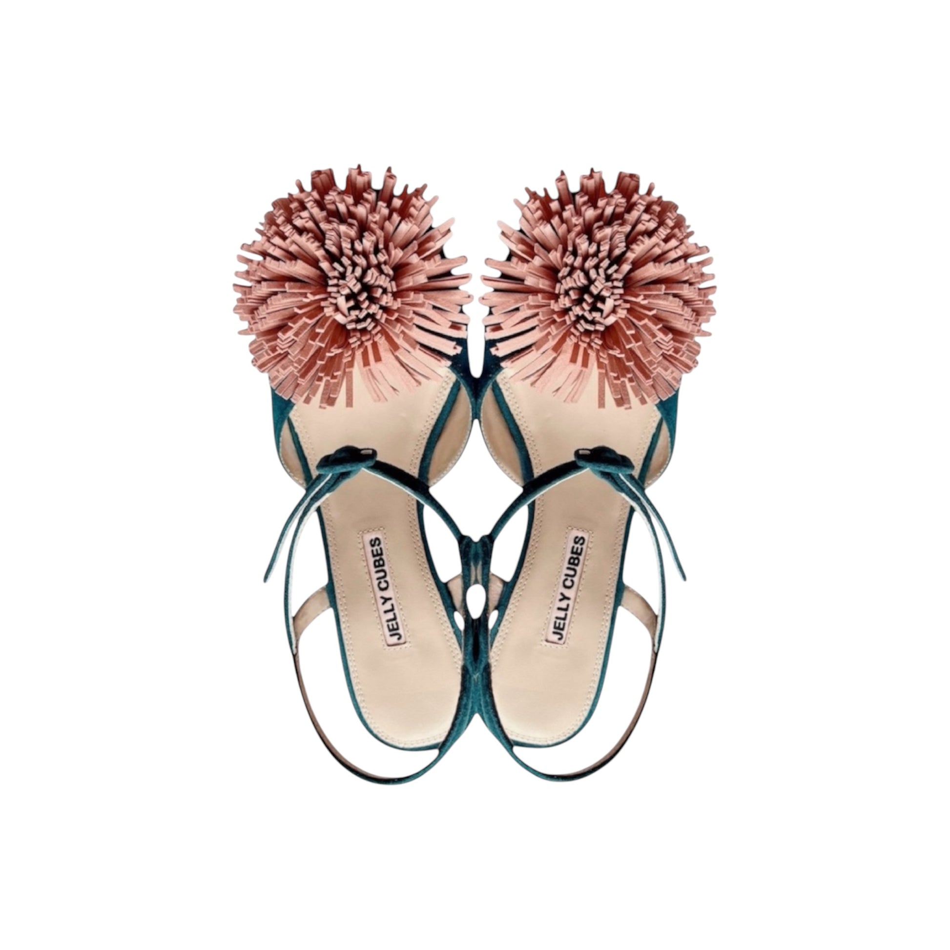Green suede vintage sandals with pom-poms and coloured crystal Perspex heels