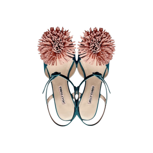 Green suede vintage sandals with pom-poms and coloured crystal Perspex heels