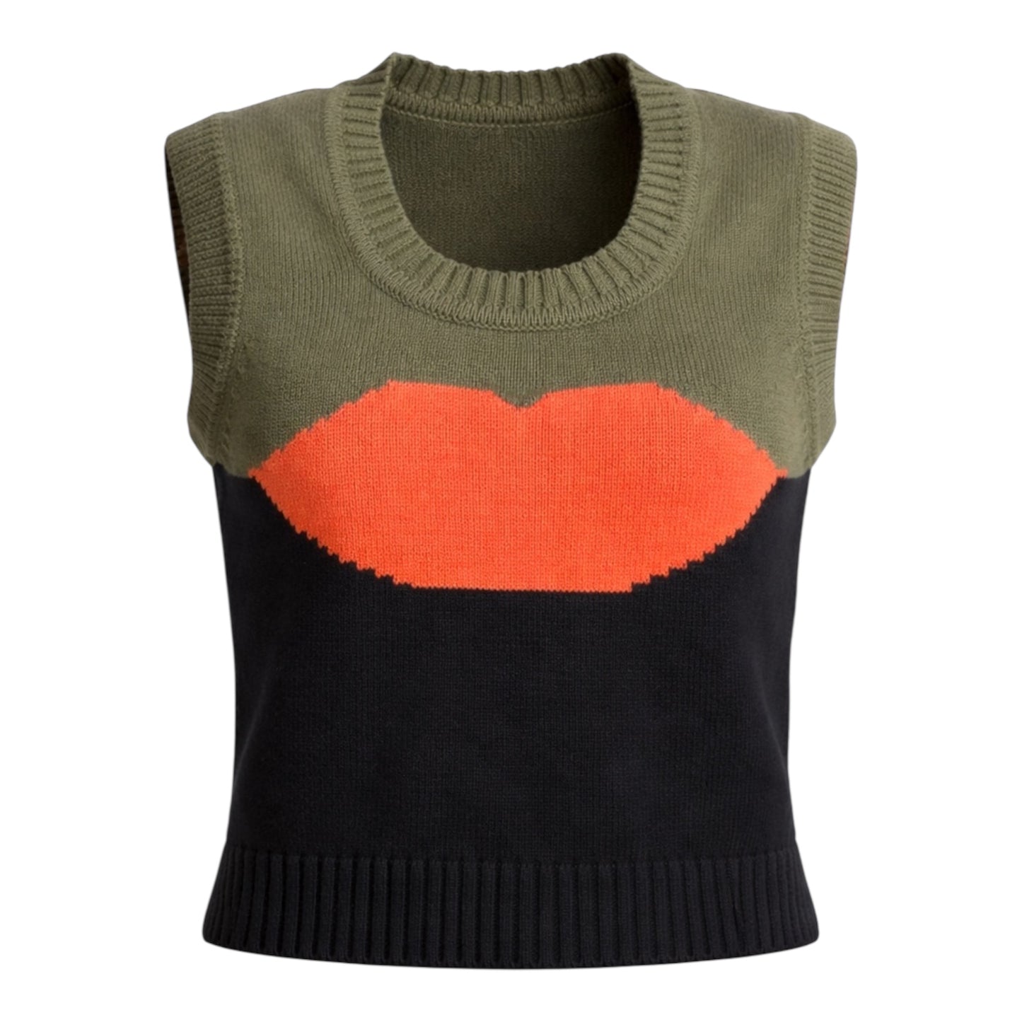 Cotton Sleeveless sweater with orange lip motif on a black and khaki colour block knit
