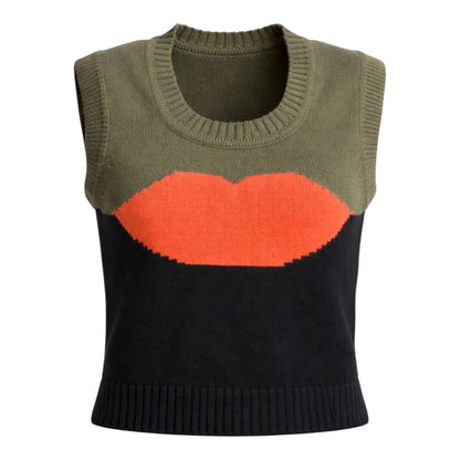 Cotton Sleeveless sweater with orange lip motif on a black and khaki colour block knit