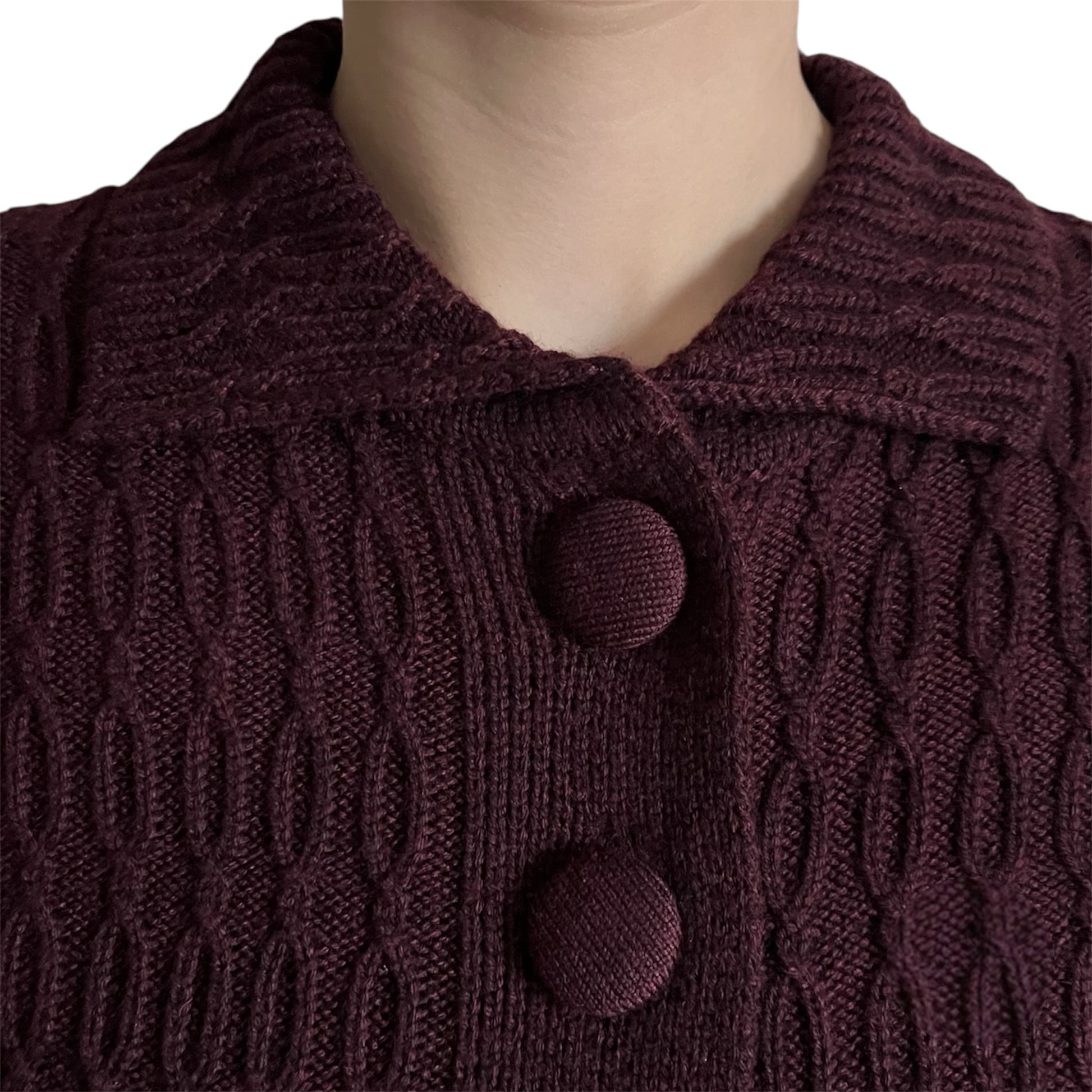 Dark purple burgundy chunky knit close up with knit covered buttons