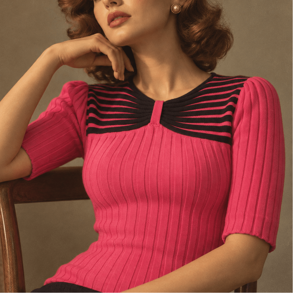 A woman seated on a wooden chair wearing a bright pink ribbed short-sleeve top with black striped yoke detailing, posed against a warm beige studio background with flowers and a vase at the side.