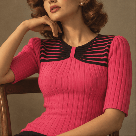 A woman seated on a wooden chair wearing a bright pink ribbed short-sleeve top with black striped yoke detailing, posed against a warm beige studio background with flowers and a vase at the side.