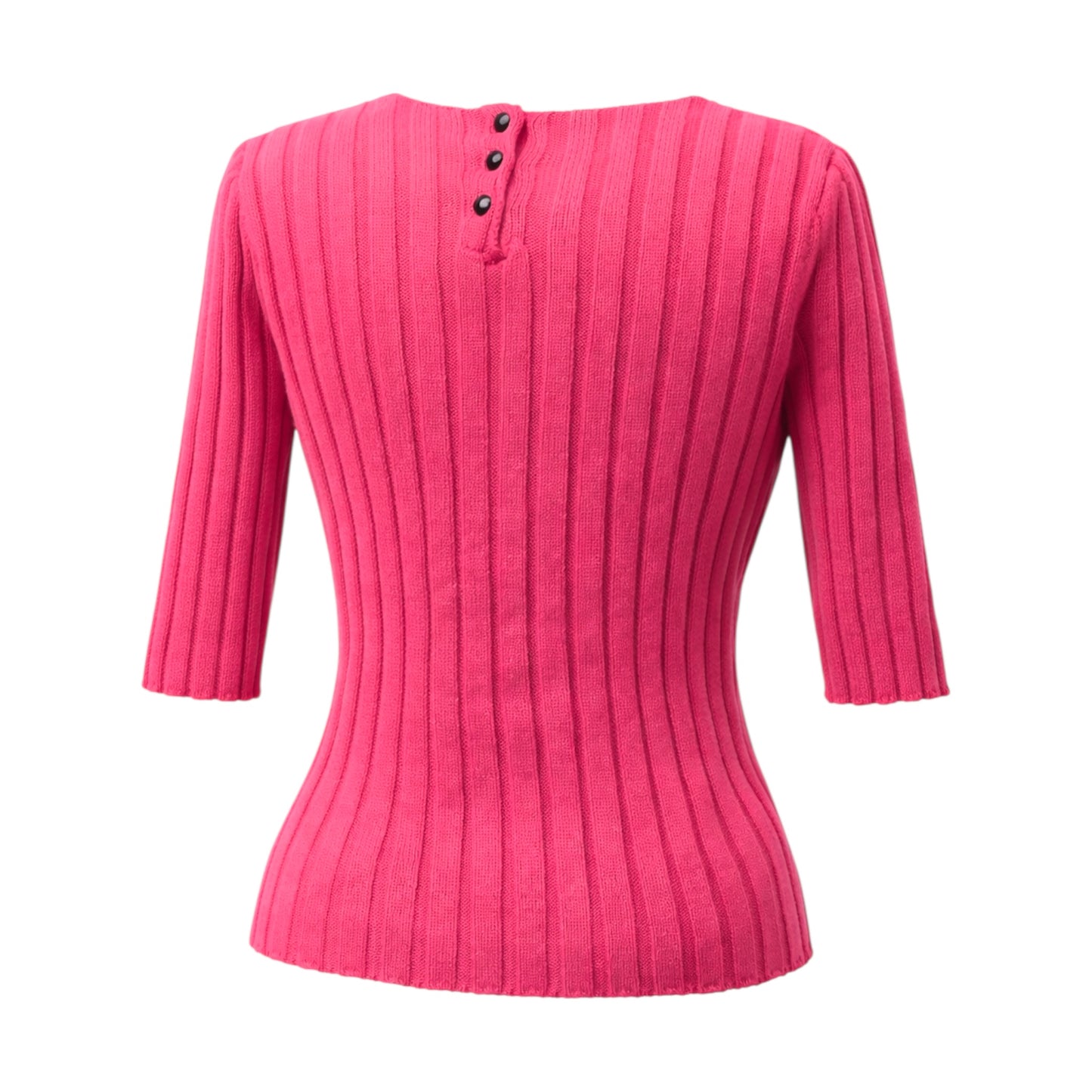 Back view of a Pink ribbed knitted top with three black buttons 