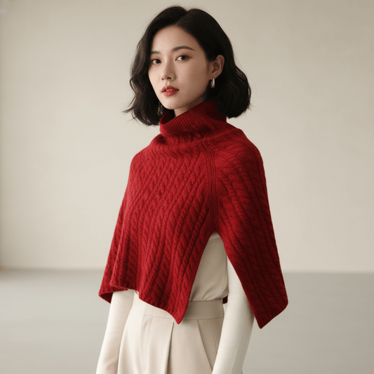 Red chunky cable merino wool knitted poncho on a model