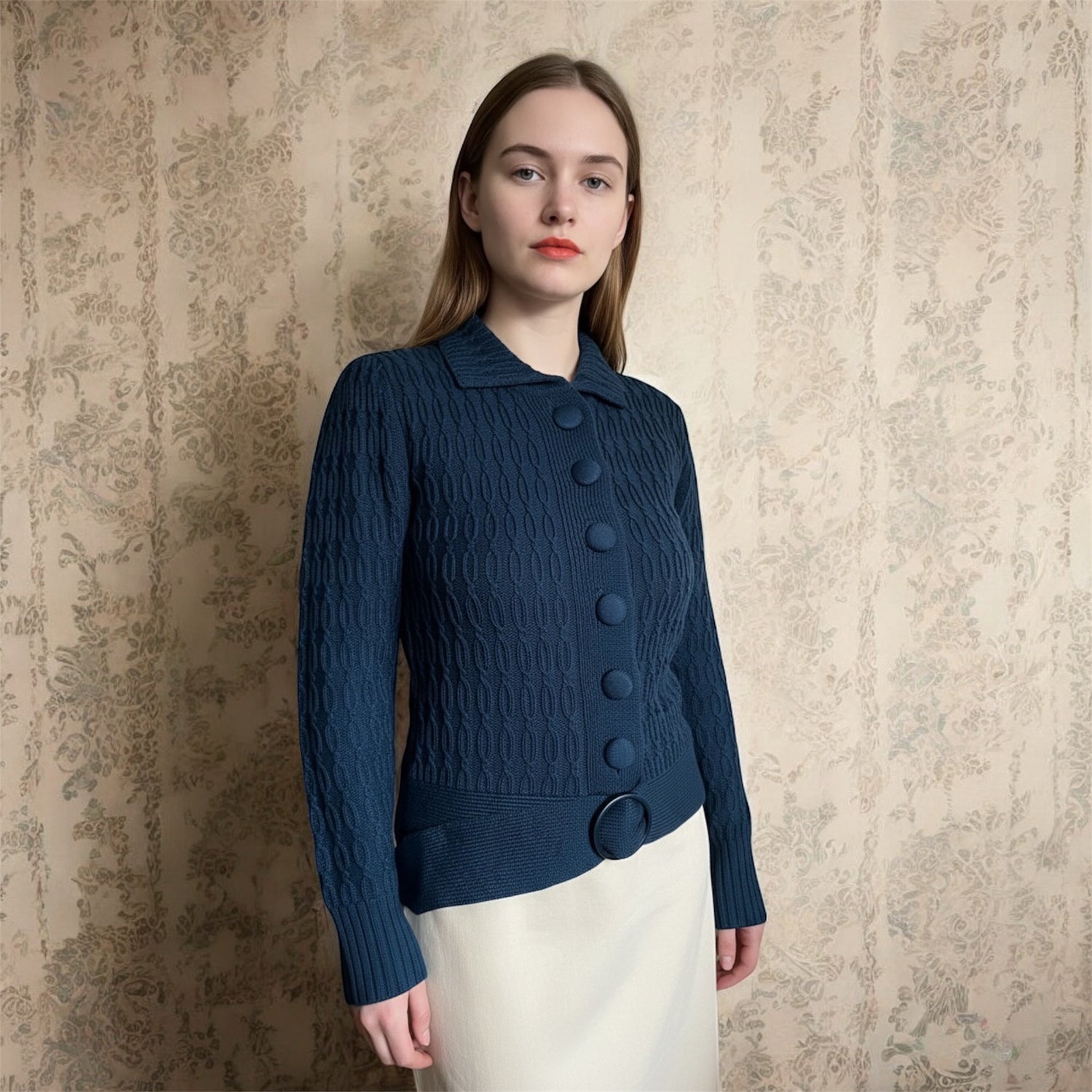 Woman in a blue chunky knit belted cardigan standing in front of a vintage wall paper 