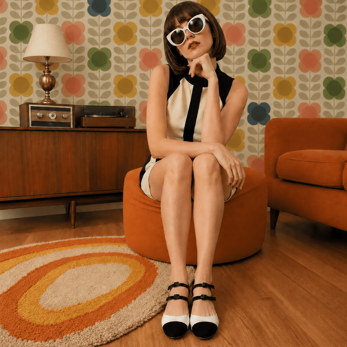 A person wearing a beige and brown textured knit pencil skirt with a dark burgundy top and matching burgundy heart-shaped lace-up flats, standing on stone pavers next to a potted plant.