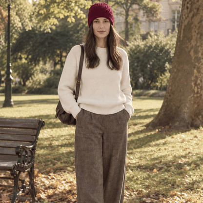 A woman wearing a burgundy merino beanie with a cream knit sweater and tweed trousers in the park