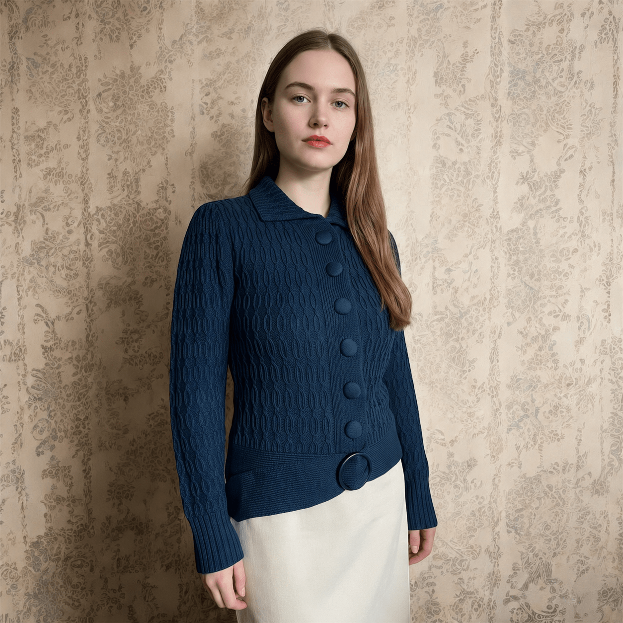 Woman in a blue chunky knit belted cardigan standing in front of a vintage wall paper 