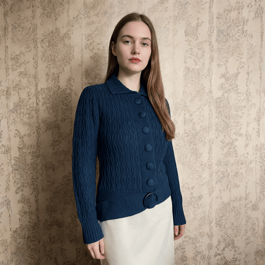 Woman in a blue chunky knit belted cardigan standing in front of a vintage wall paper 
