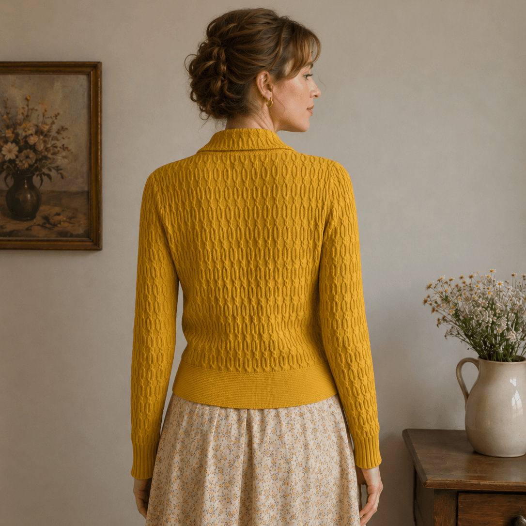 Woman wearing a belted mustard yellow cardigan and beige skirt standing in a room with a vase and painting on the wall.