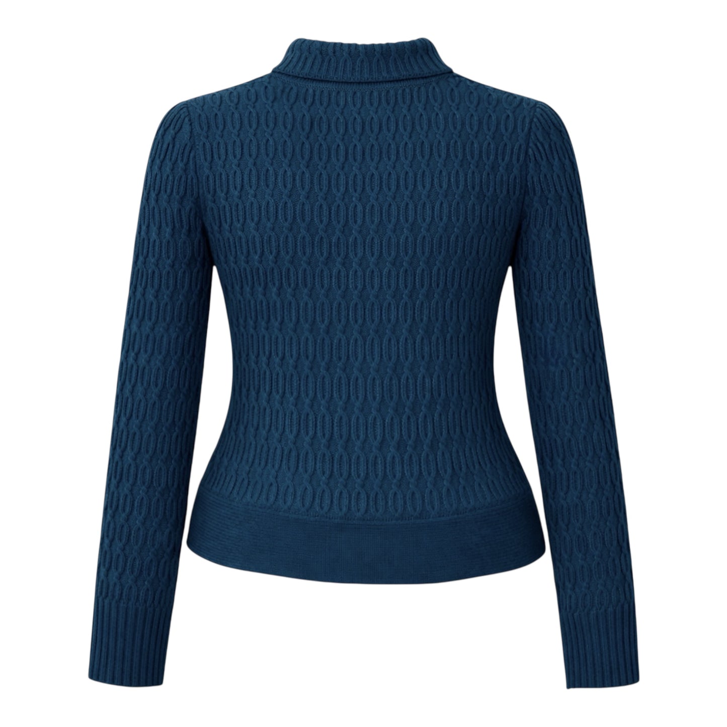 Blue belted chunky cable  knit cardigan with fabric covered buttons, vintage styled