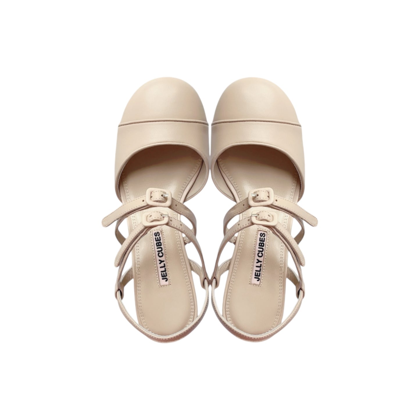 Beige leather Mary Jane pumps with double buckles and perspex heels - vintage-inspired women's shoes