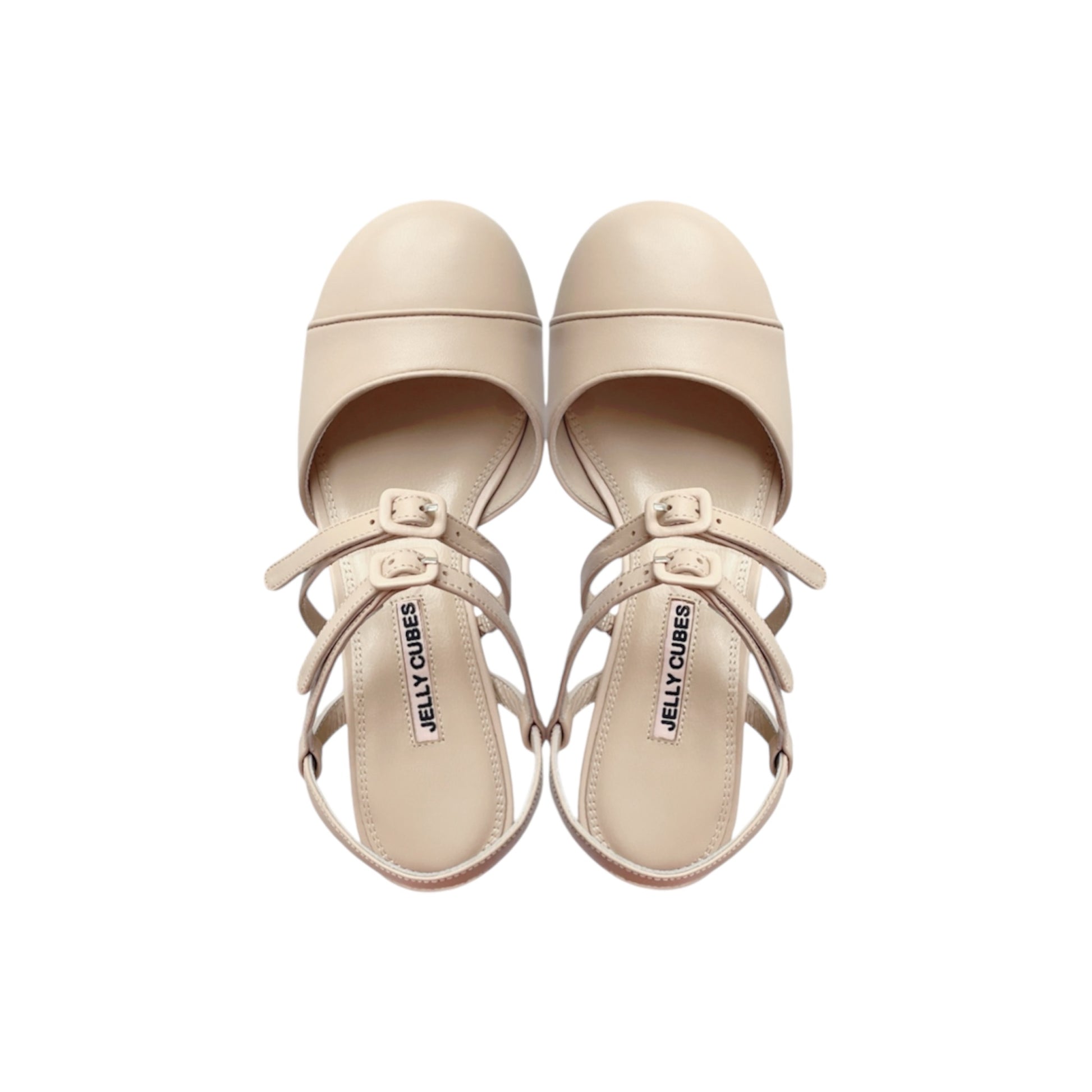 Beige leather Mary Jane pumps with double buckles and perspex heels - vintage-inspired women's shoes