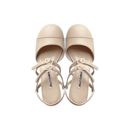 Beige leather Mary Jane pumps with double buckles and perspex heels - vintage-inspired women's shoes