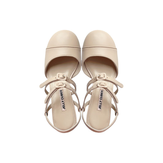 Beige leather Mary Jane pumps with double buckles and perspex heels - vintage-inspired women's shoes