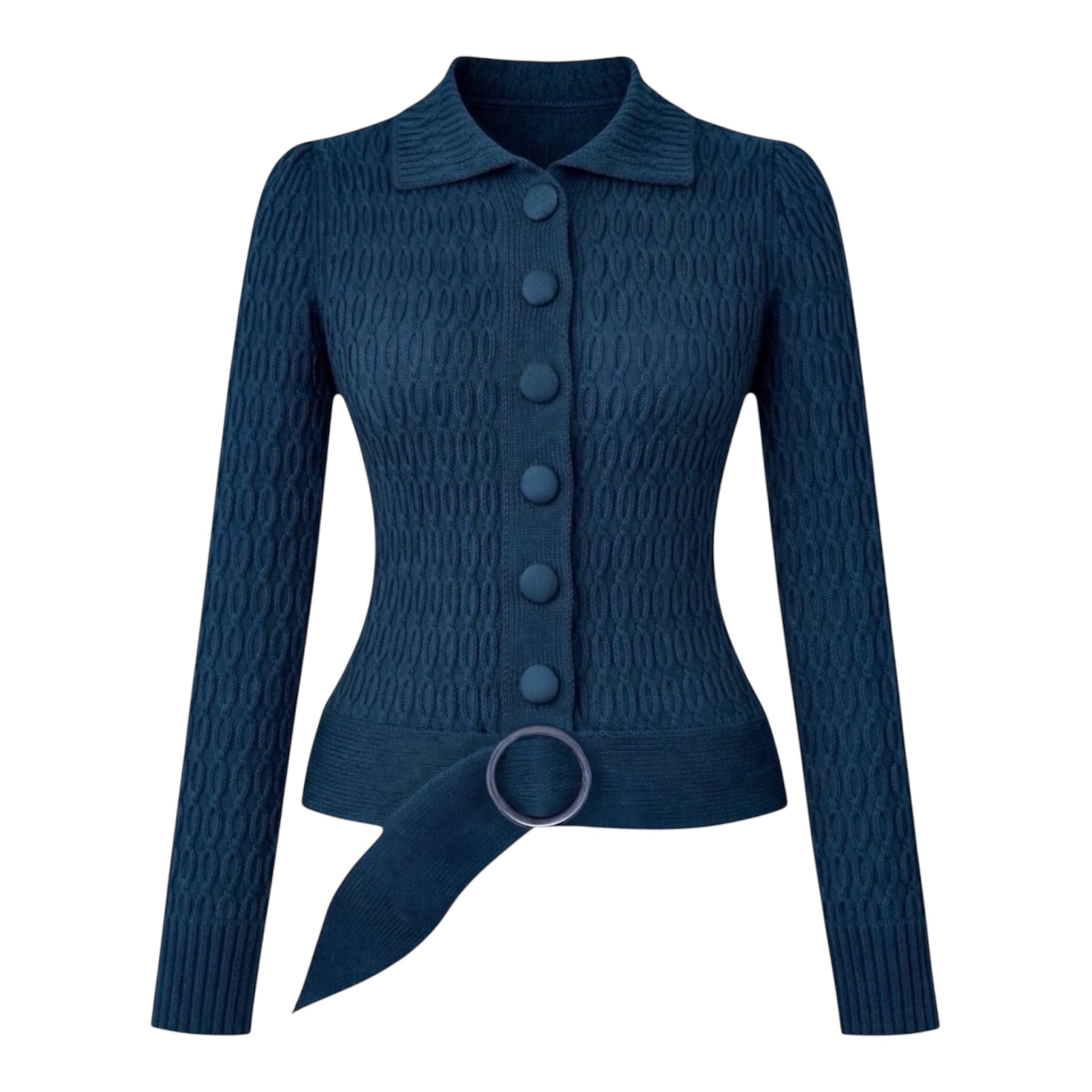 Blue belted chunky cable  knit cardigan with fabric covered buttons, vintage styled