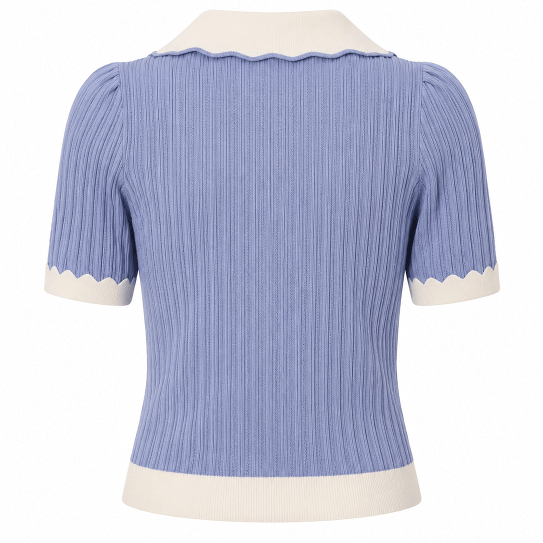 A light blue ribbed knit short-sleeve top with cream-colored collar, hem, and sleeve cuffs, shown from the back on a white background.