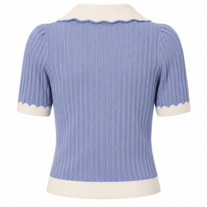 A light blue ribbed knit short-sleeve top with cream-colored collar, hem, and sleeve cuffs, shown from the back on a white background.