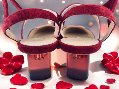 Vintage burgundy suede pumps with ankle straps and transparent crystal heels - women's dress shoes