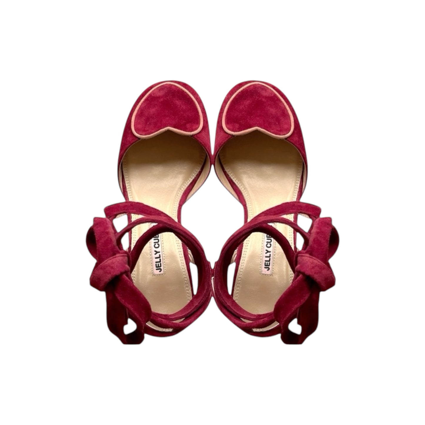 Burgundy suede pumps with adjustable ankle ties and clear perspex heels vintage-inspired women's shoes