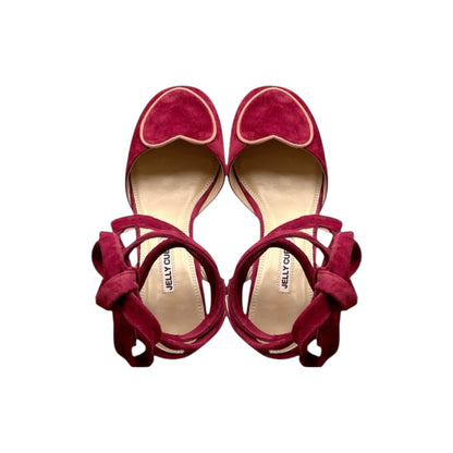 Burgundy suede pumps with adjustable ankle ties and clear perspex heels vintage-inspired women's shoes