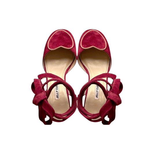 Burgundy suede pumps with adjustable ankle ties and clear perspex heels vintage-inspired women's shoes