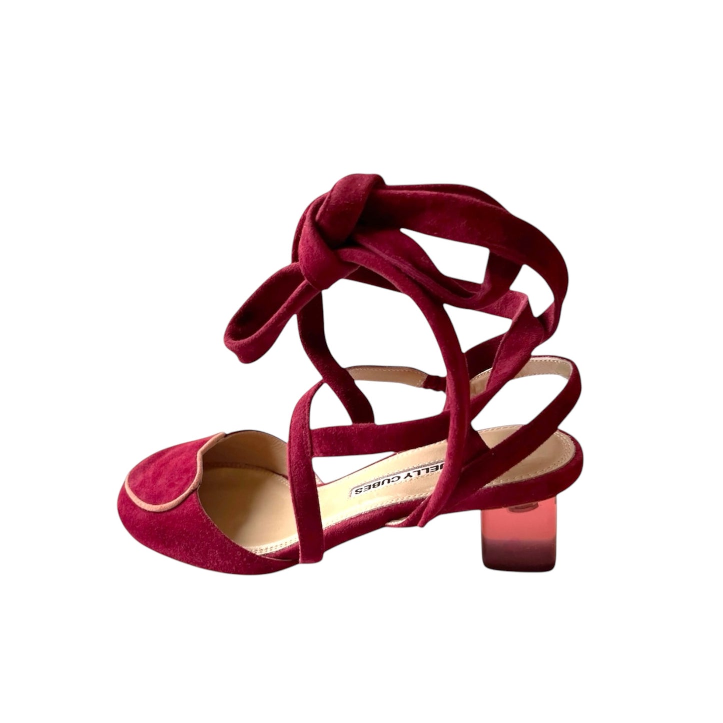Side view of burgundy suede pumps with ankle ties and crystal clear heels - vintage-inspired women's shoes

