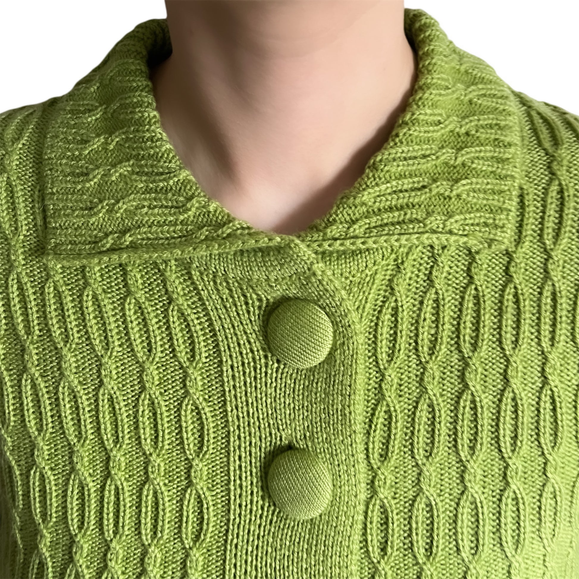 Close-up of a green knitted cardigan with knit covered buttons