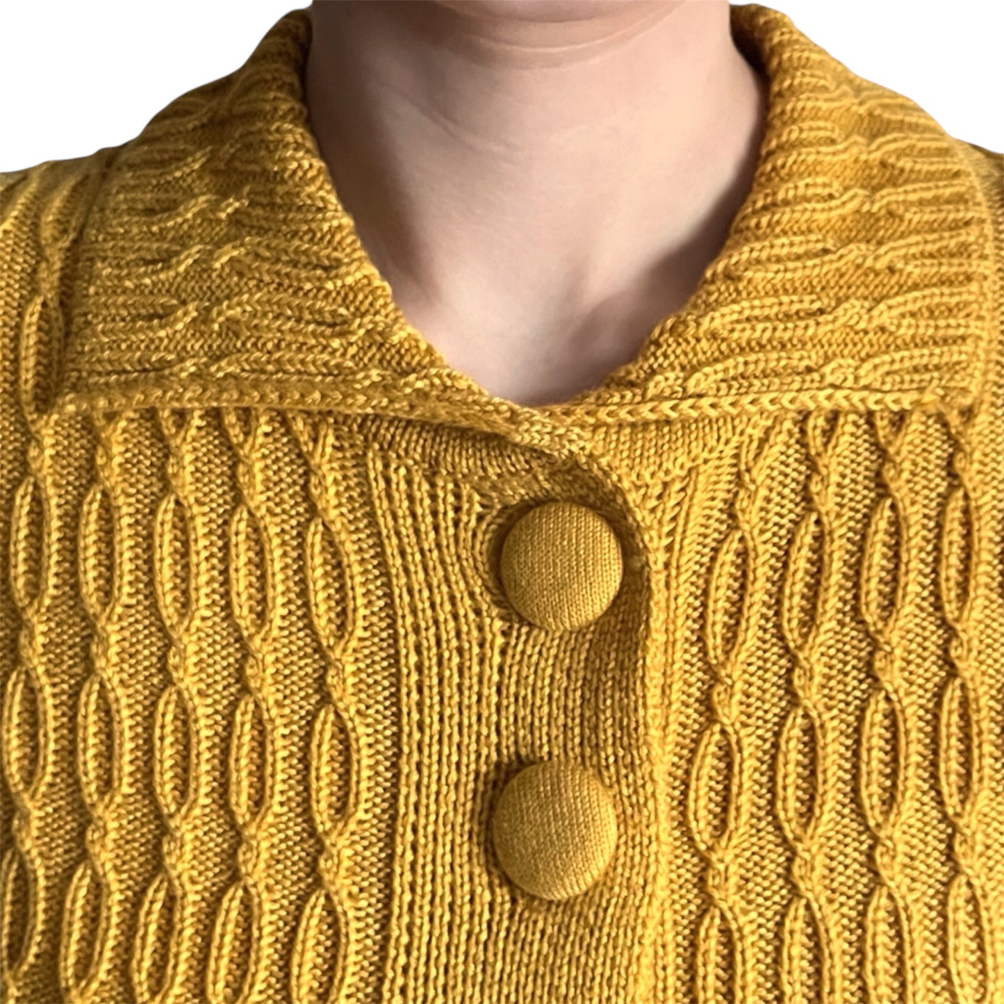 Close-up of a mustard yellow knitted Cardigan with knit covered button details 