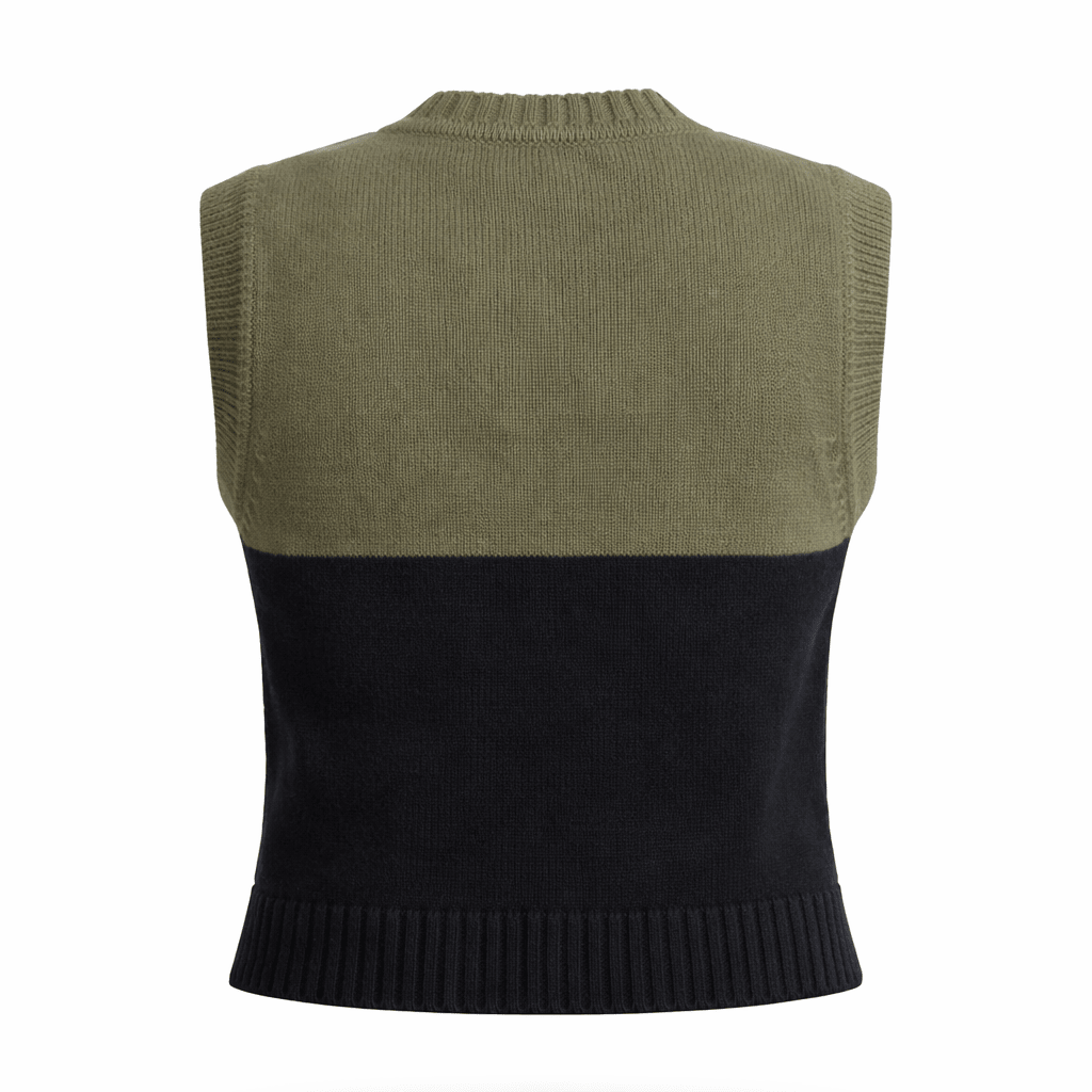 Back view of sleeveless color block knit sweater vest in olive green and black