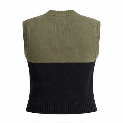 Back view of sleeveless color block knit sweater vest in olive green and black