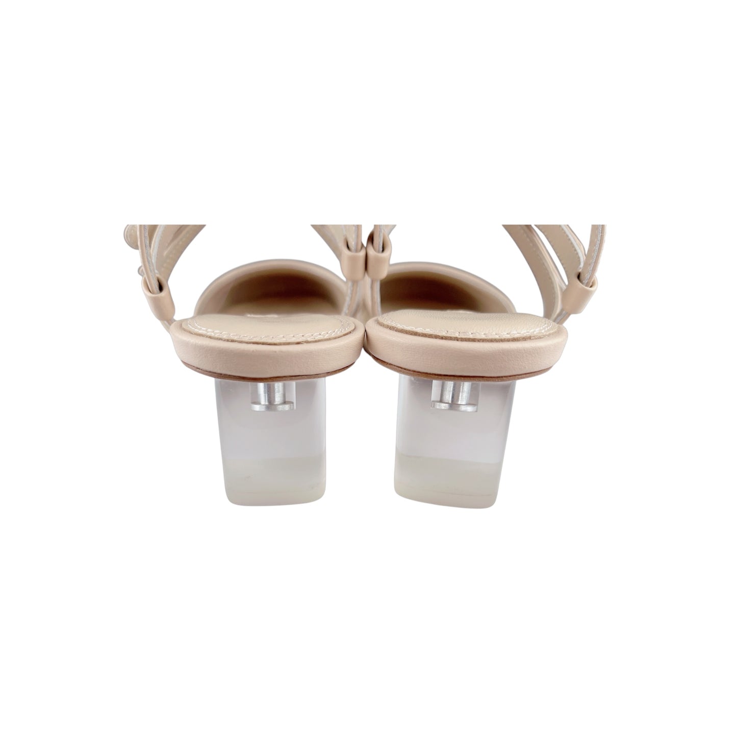 Crystal clear perspex heels on beige leather Mary Jane pumps - transparent heel detail